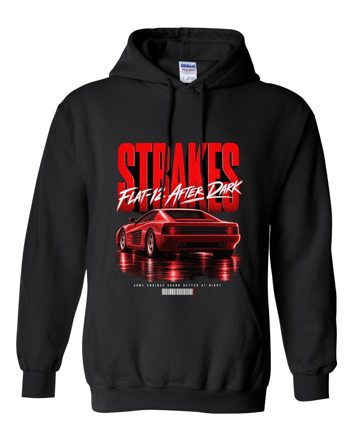 Street poster print of a Ferrari Testarossa F110 rear three-quarter with strakes and flat-12 text black pull over hoodie front view with the design