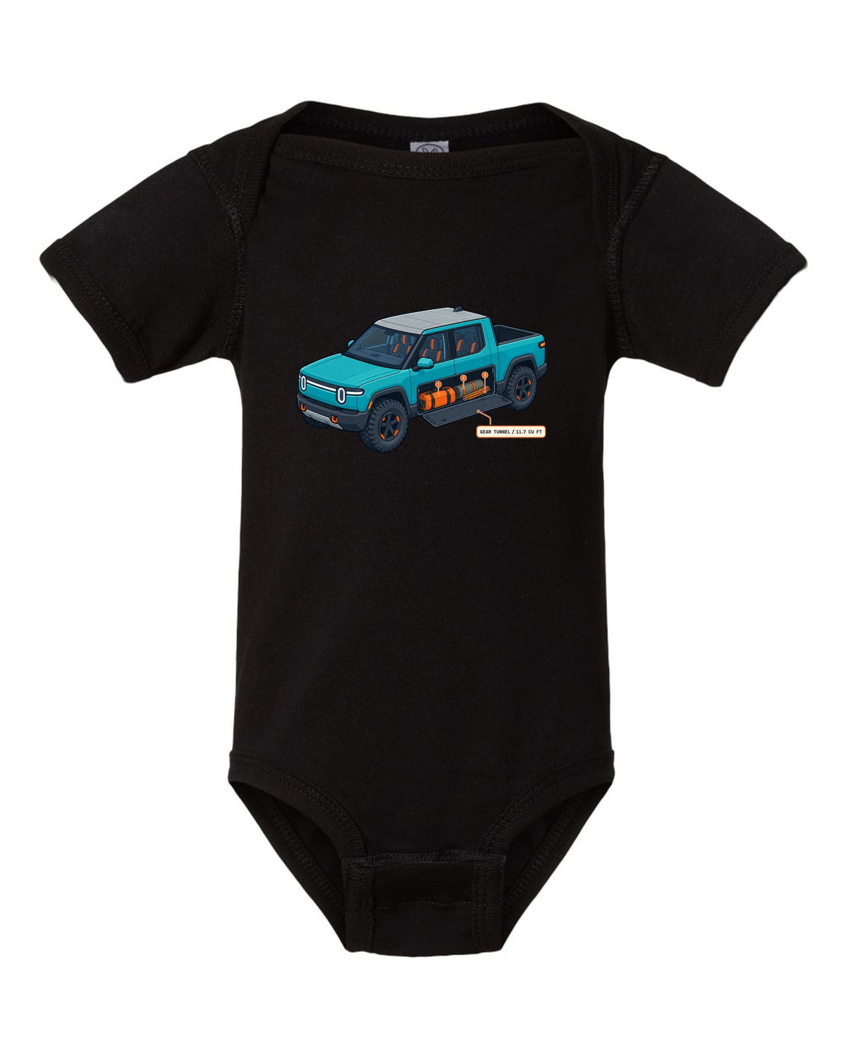 Isometric cutaway technical illustration print of a Rivian R1T reading Gear Tunnel 11.7 Cu Ft black baby onesie front view with the design