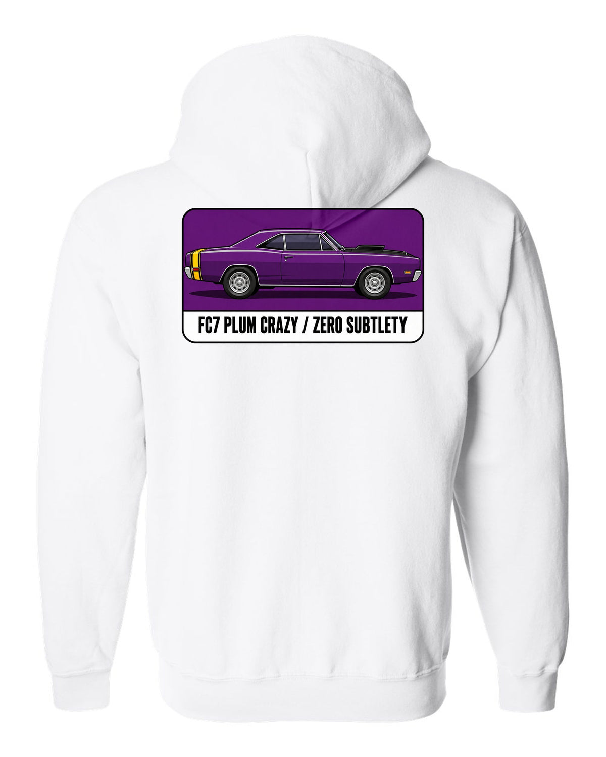 Pantone-style swatch print of a 1969 Dodge Coronet Super Bee in Plum Crazy white zip hoodie back view with the design
