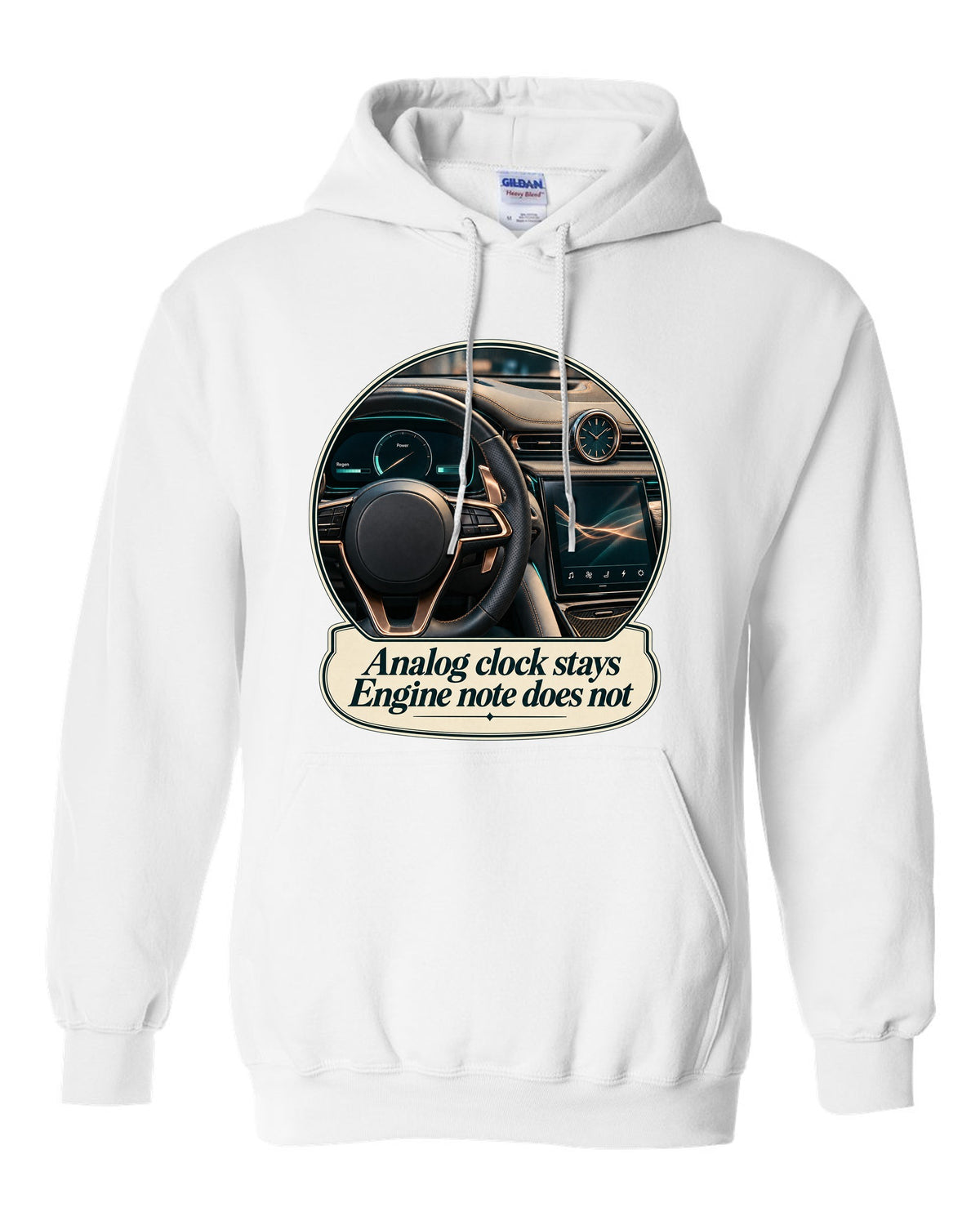 Maserati GranTurismo Folgore cockpit with analog clock, print white pull over hoodie front view with the design