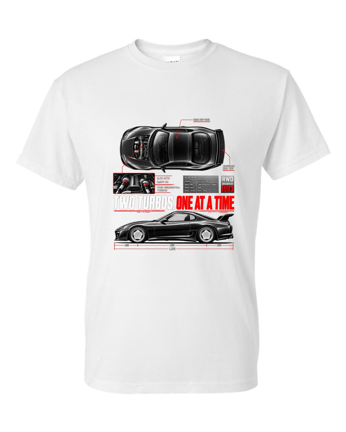 Spec poster print of a Toyota Supra A80 JZA80 with 2JZ-GTE lettering white t-shirt front view with the design