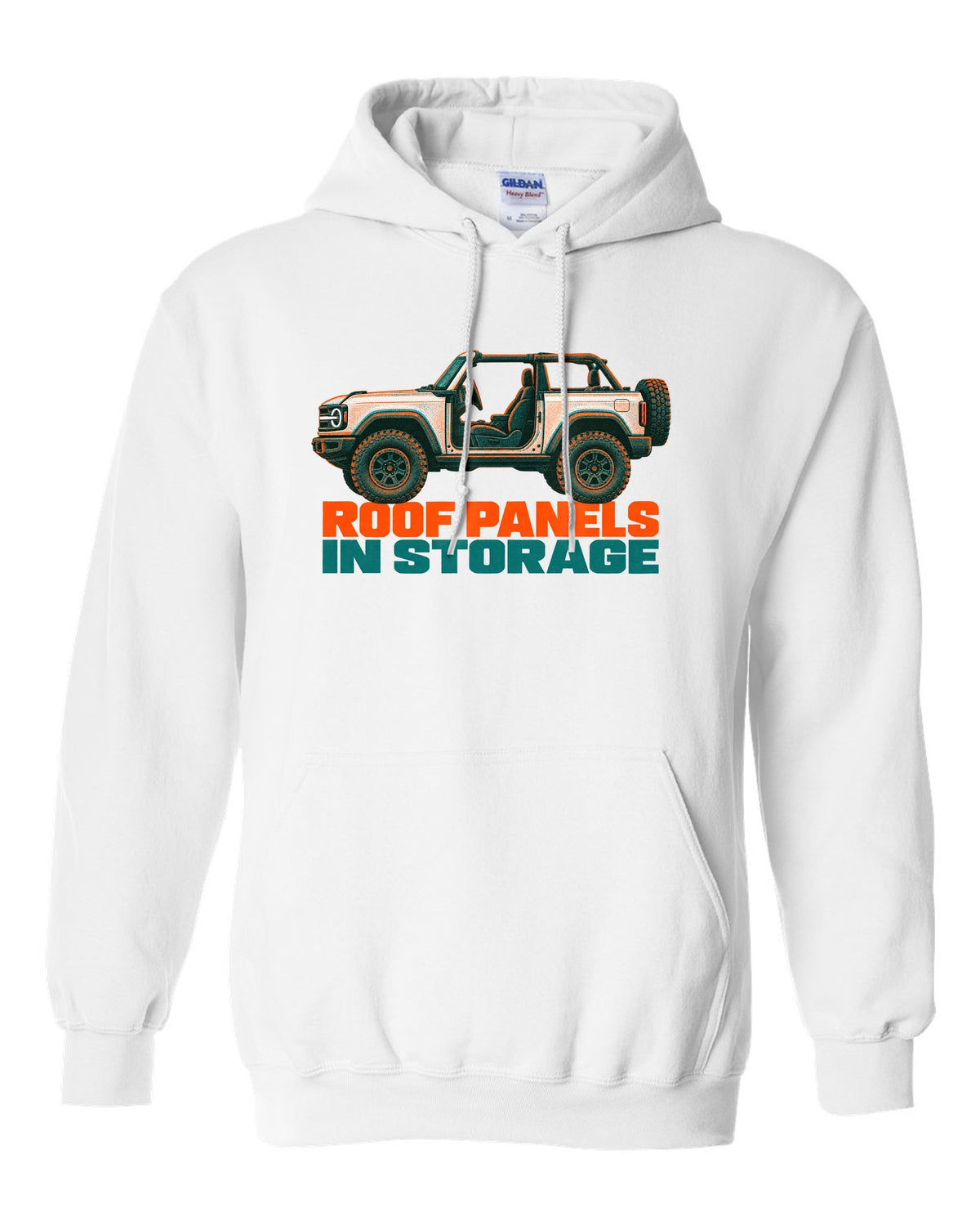 Risograph two-colour print of the Ford Bronco two-door U725 with roof panels in storage text white pull over hoodie front view with the design