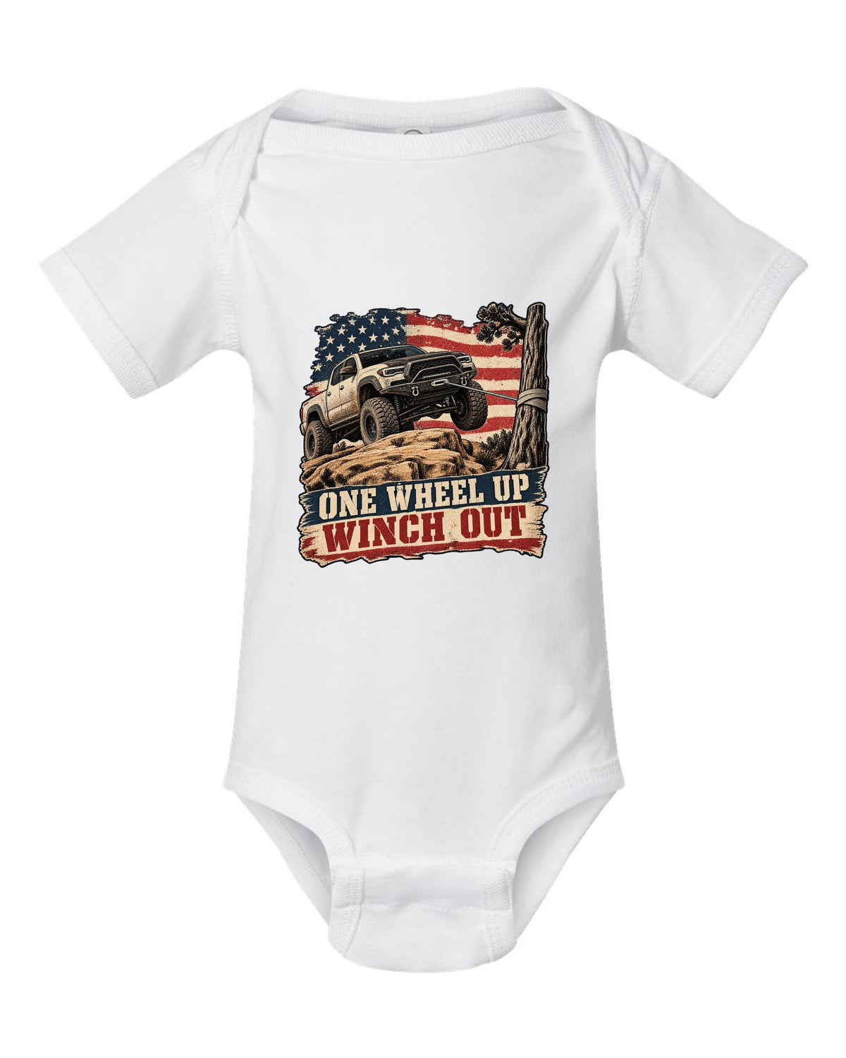 Distressed screen-print print of a Ram 2500 Power Wagon with one wheel lifted on a ledge white baby onesie front view with the design