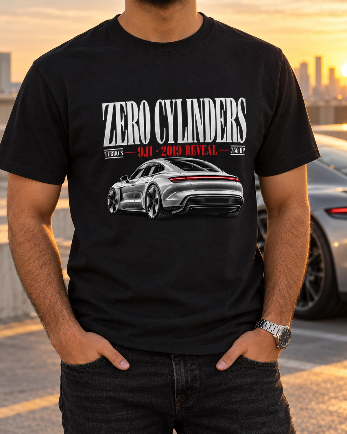 Porsche Taycan Turbo S 9J1 Zero Cylinders Editorial Shirt T-Shirt Black worn hero