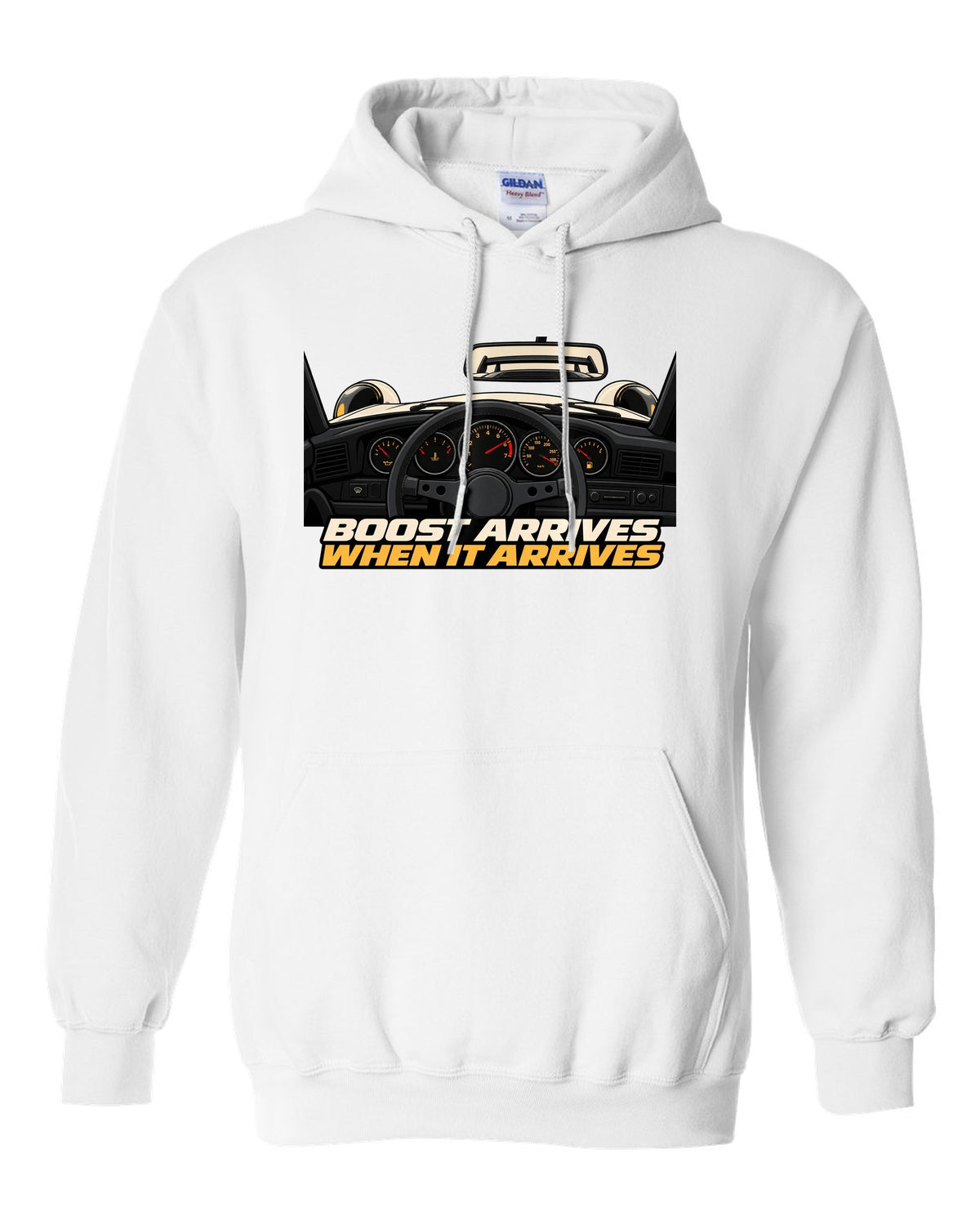 Gauge cockpit vector print of a 1993 Porsche 911 Turbo 964 with Boost Arrives When It Arrives lettering white pull over hoodie front view with the design