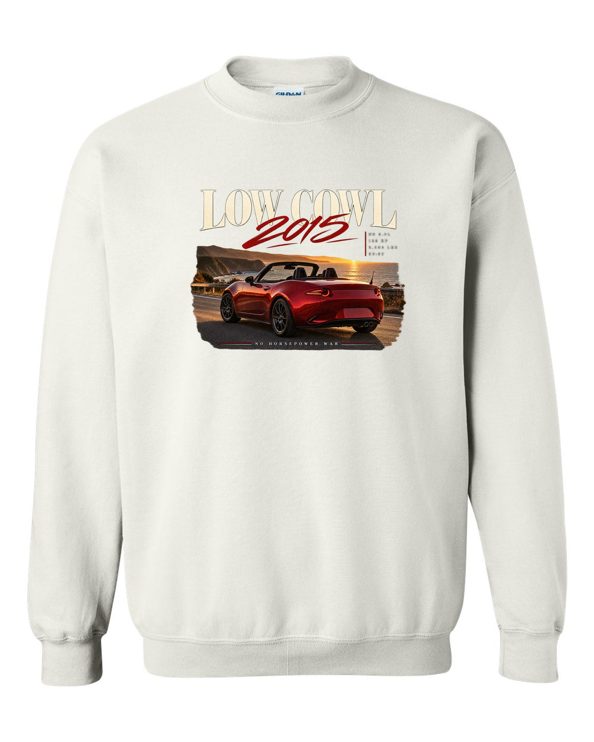 Editorial headline print of a red Mazda MX-5 ND roadster with low cowl text white crewneck front view with the design
