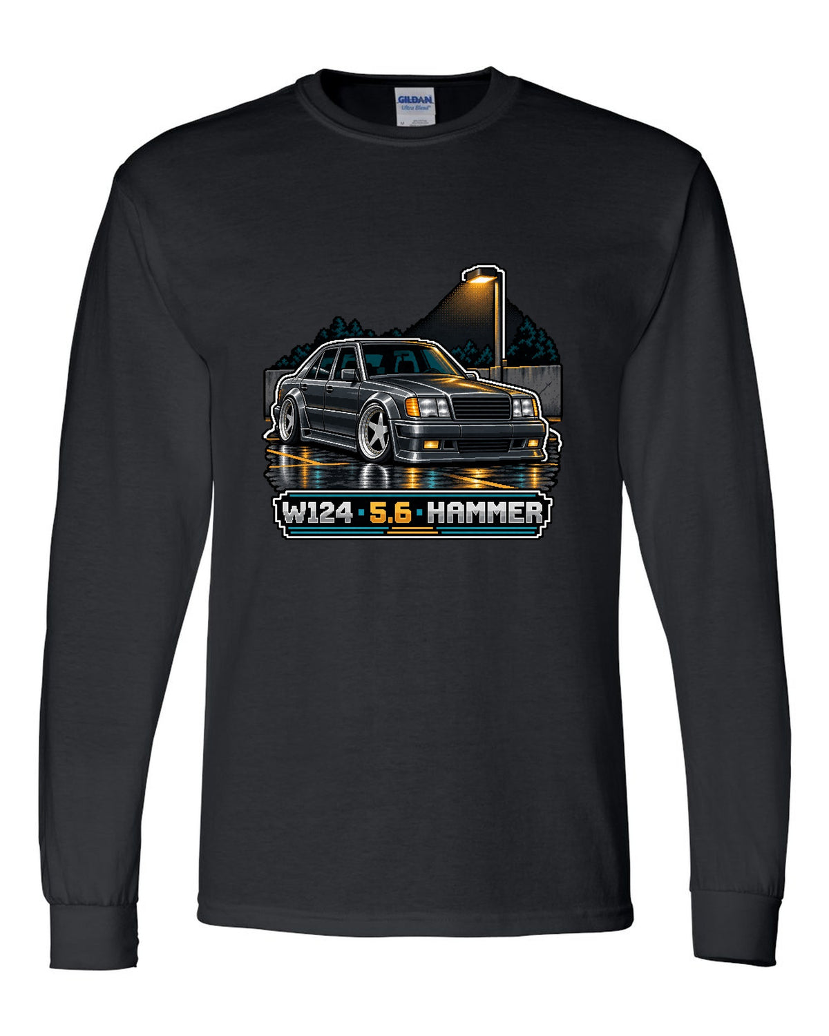 Pixel art Mercedes 300E 5.6 Hammer W124 parked in a car park black long sleeve front view with the design