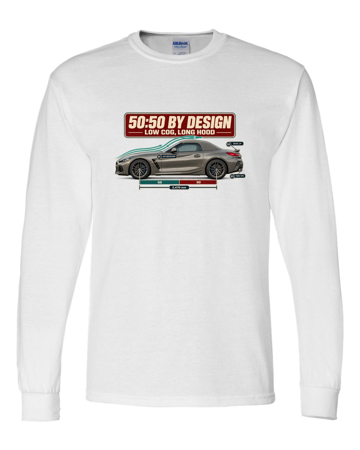 Aero cutaway callout print of the BMW Z4 G29 with 50:50 and long hood notes white long sleeve front view with the design