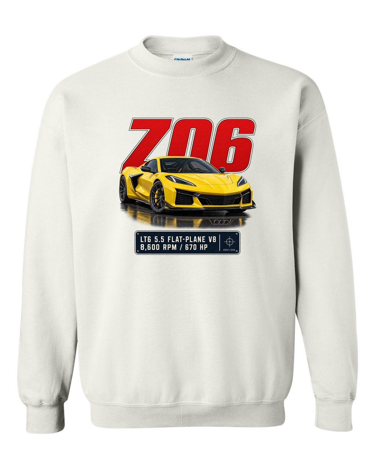 Editorial headline print of a yellow Chevrolet Corvette C8 Z06 white crewneck front view with the design