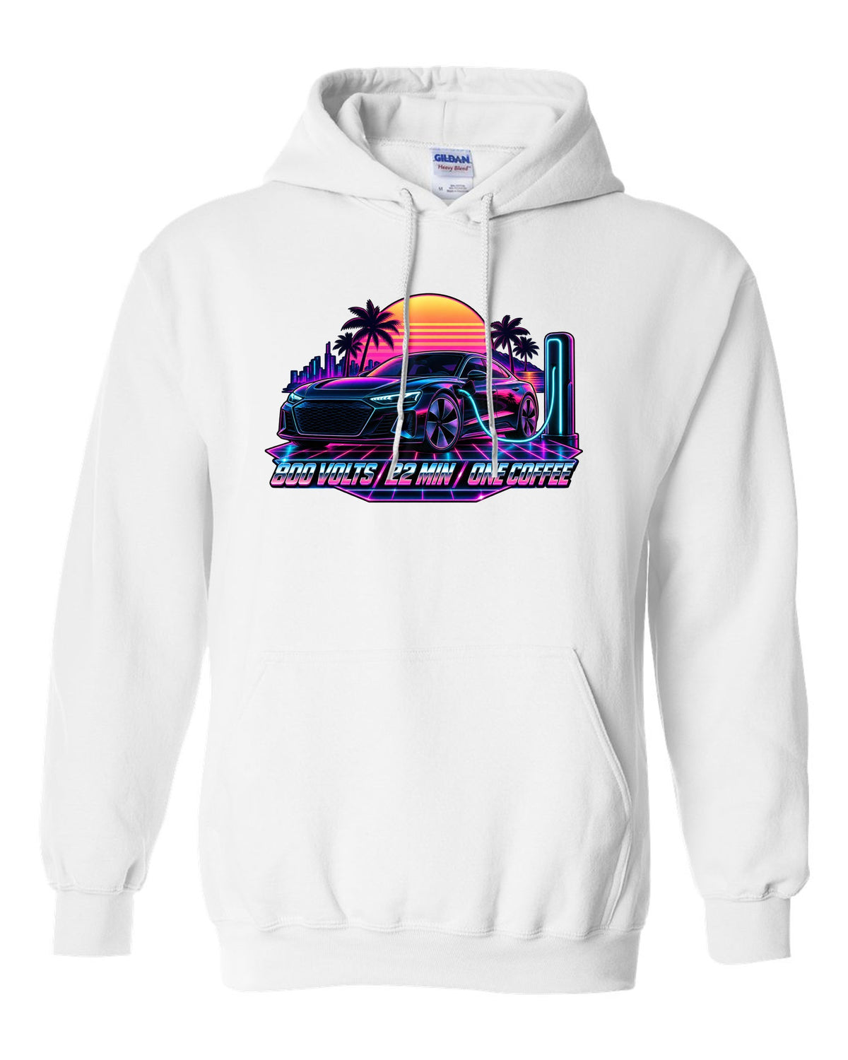 Synthwave print of an Audi e-tron GT at dusk with charging time text white pull over hoodie front view with the design