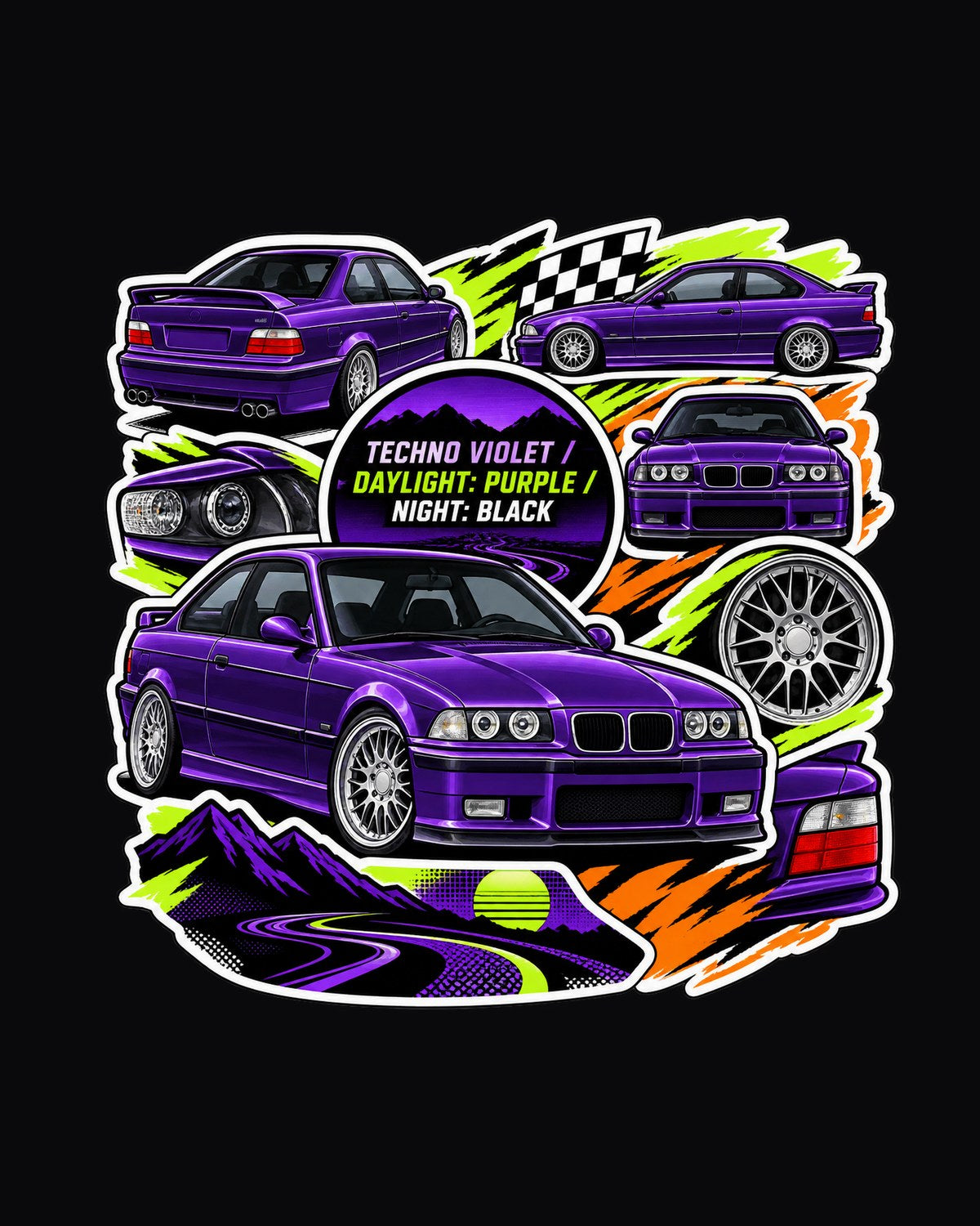 BMW E36 M3 Techno Violet Sticker Bomb Shirt design only