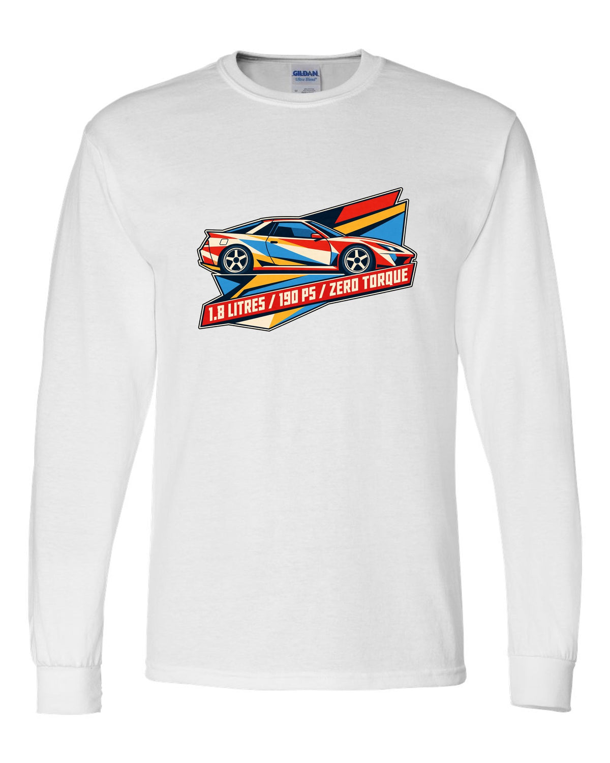 Geometric origami constructivist poster of the Toyota Celica ZZT231 with 190 PS text white long sleeve front view with the design