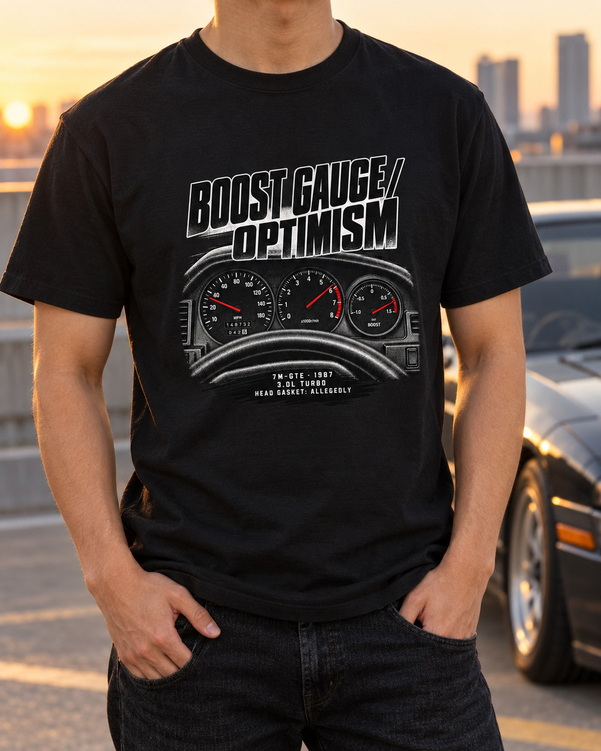 7M-GTE Boost Gauge Tee, Toyota Supra A70 MA70 Cockpit Print T-Shirt Black worn hero