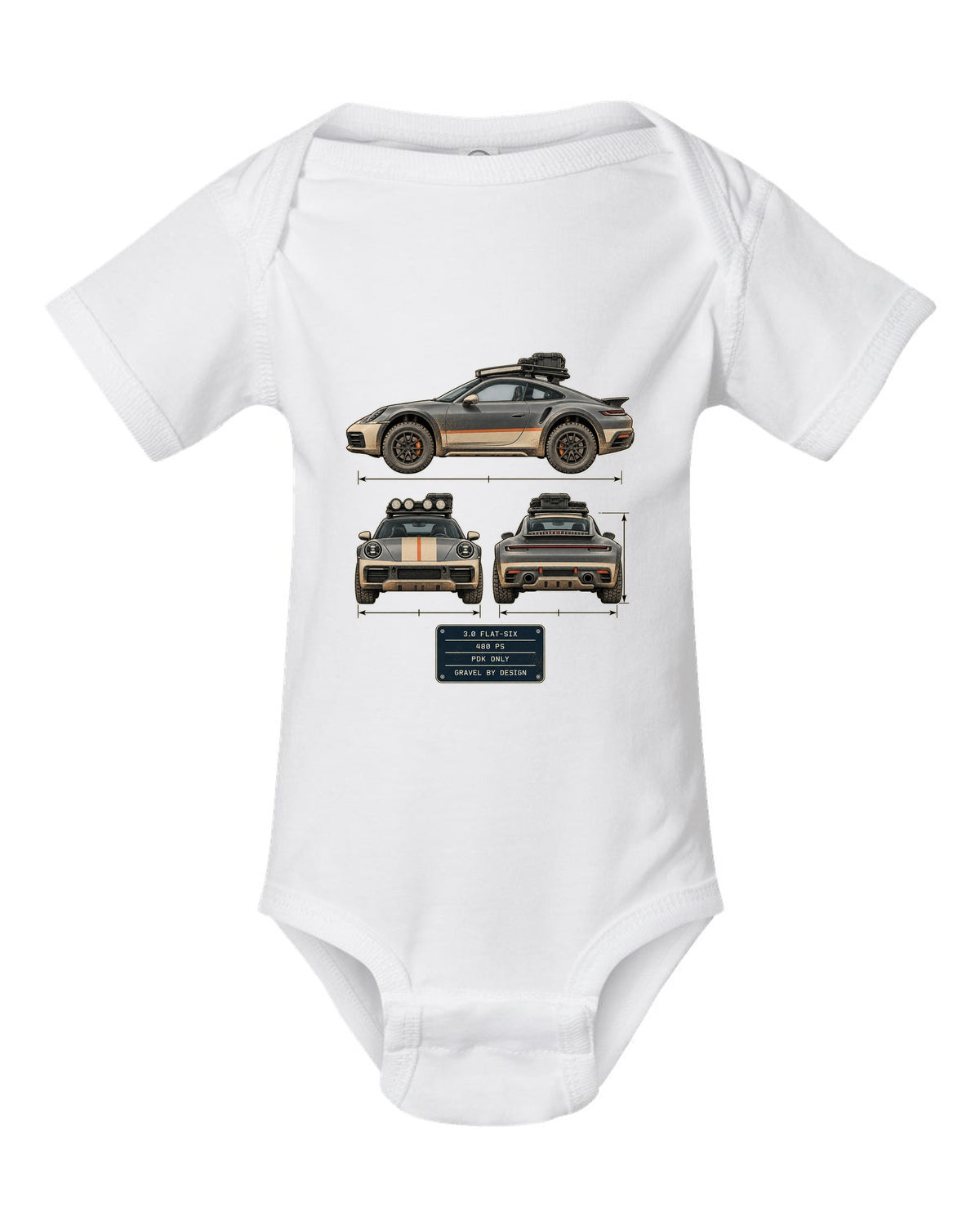Three-view and spec table print of a Porsche 911 Dakar 992 white baby onesie front view with the design