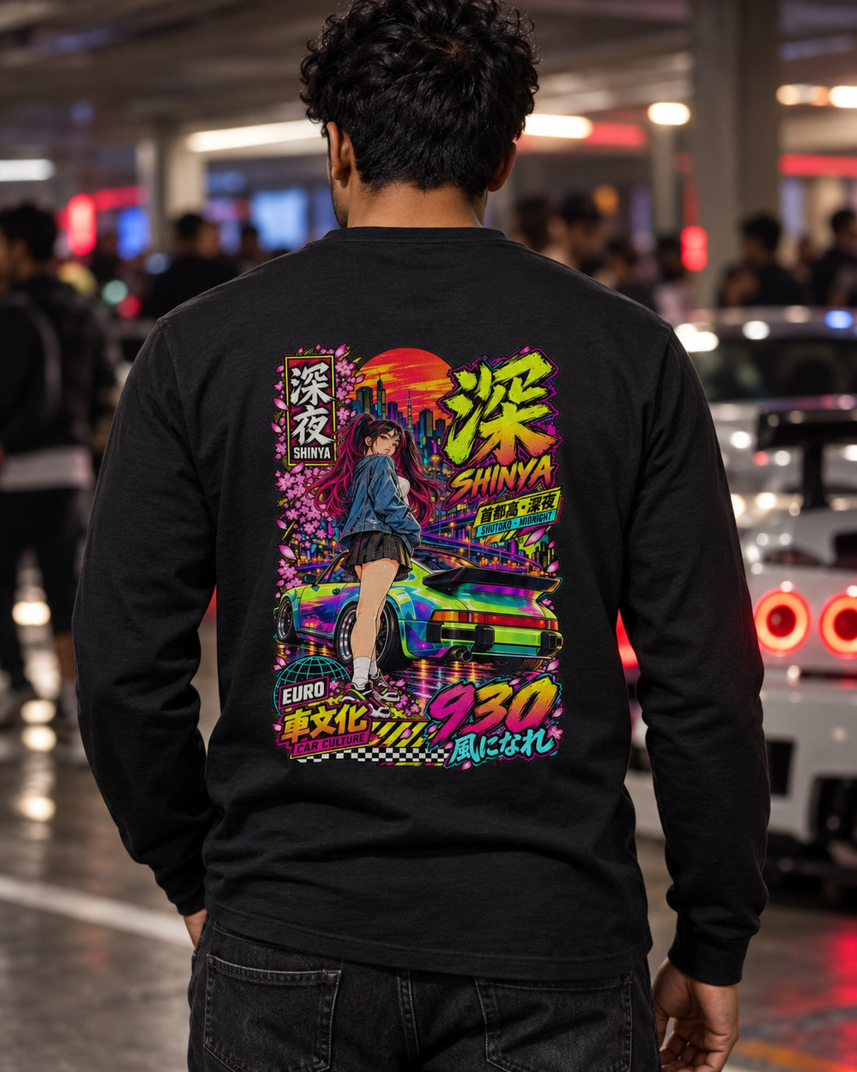 SHINYA 930 Anime Girl Full-Back Graphic Tee Long Sleeve Black worn hero