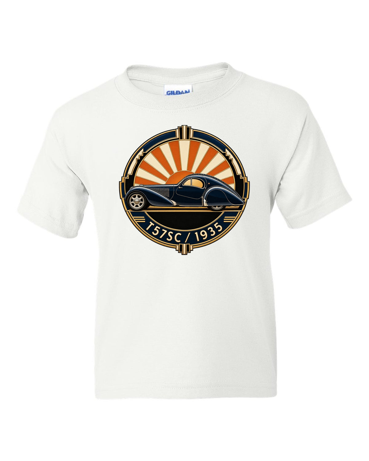 Art Deco crest design featuring the Bugatti Type 57SC Atlantic with T57SC 1935 lettering white kids tee front view with the design