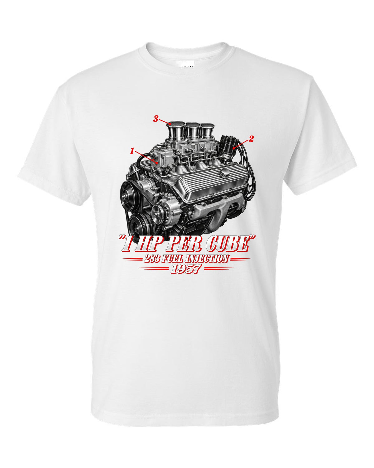 Chevrolet Corvette C1 1957 fuel-injected 283 engine print white t-shirt front view with the design