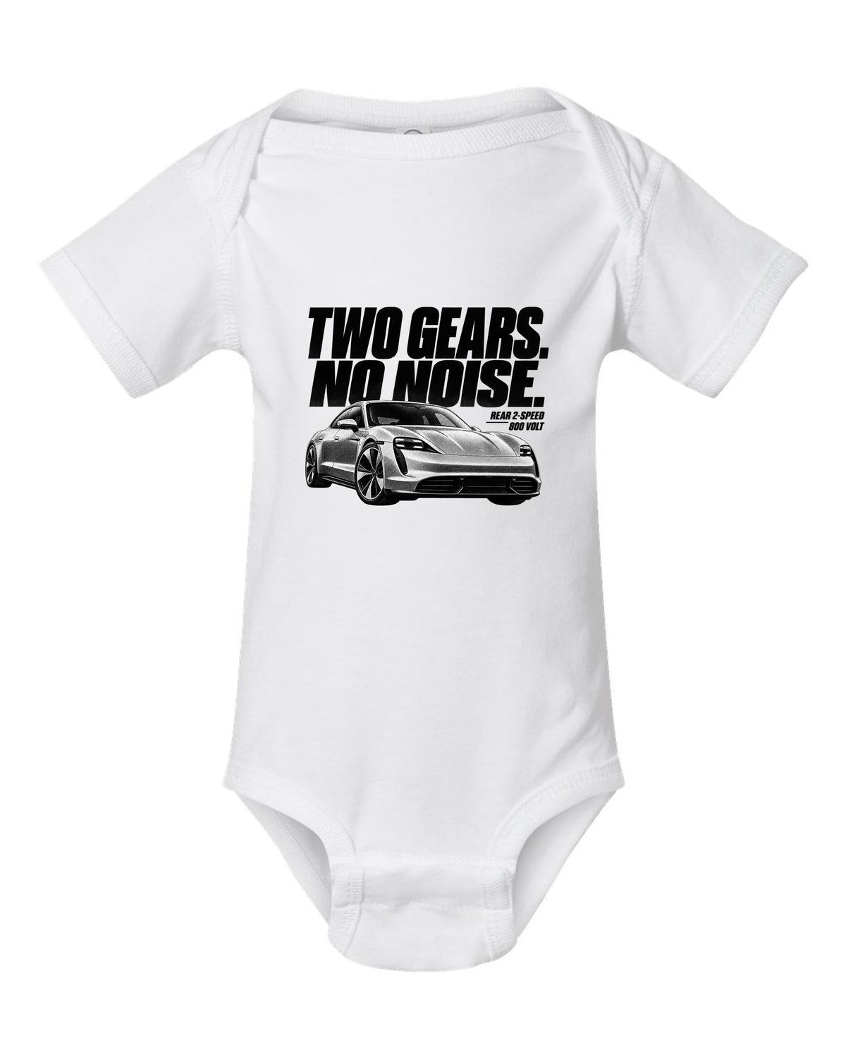 Halftone Porsche Taycan Turbo S 9J1 front three-quarter with two gears, no noise, rear 2-speed white baby onesie front view with the design
