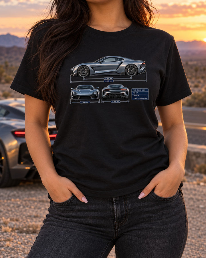 Huayra Three-View Spec Table Shirt, Twin-Turbo V12 Tee T-Shirt Black worn hero