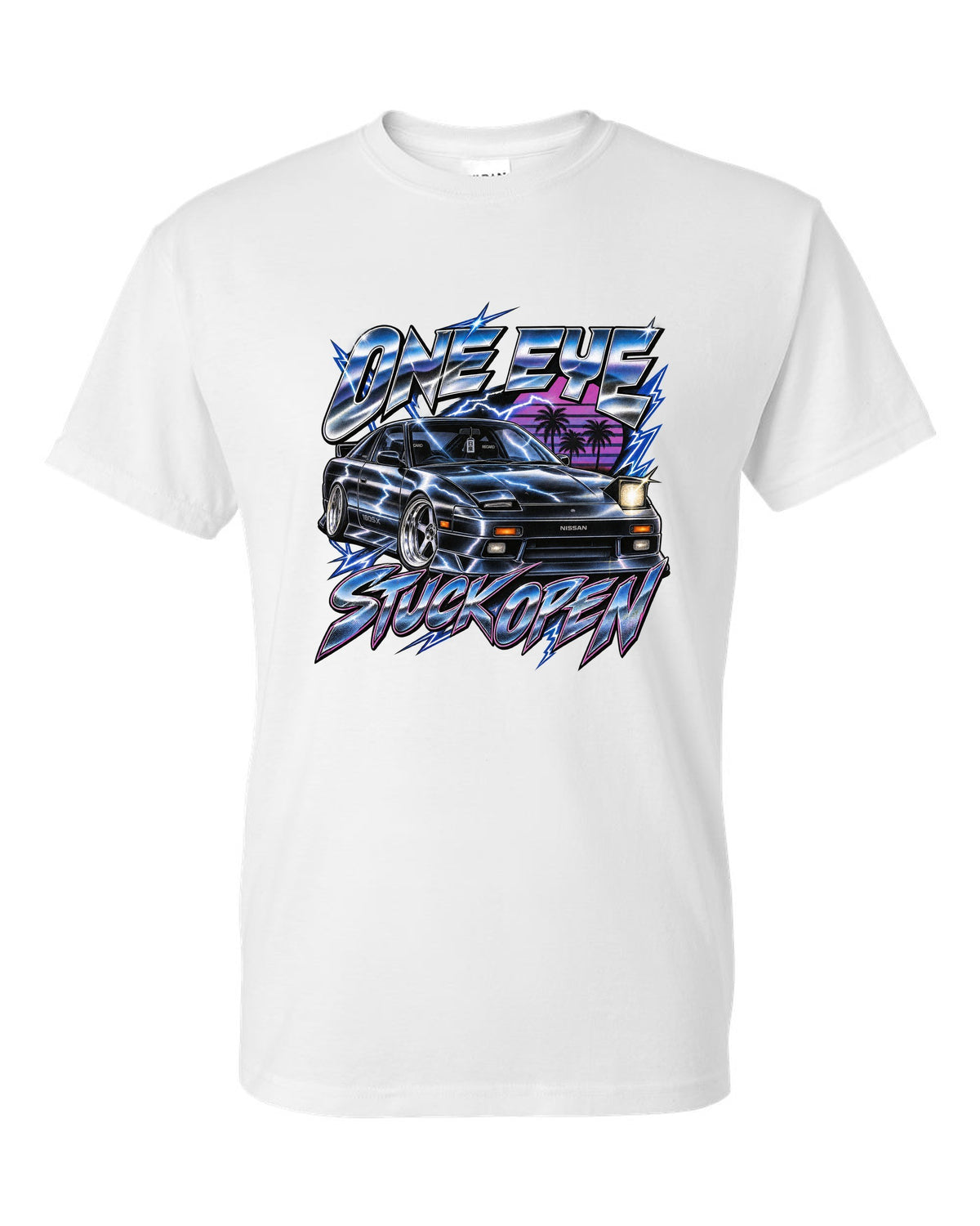 80s airbrush chrome print of a Nissan 180SX S13 ch with one eye stuck open text white t-shirt front view with the design