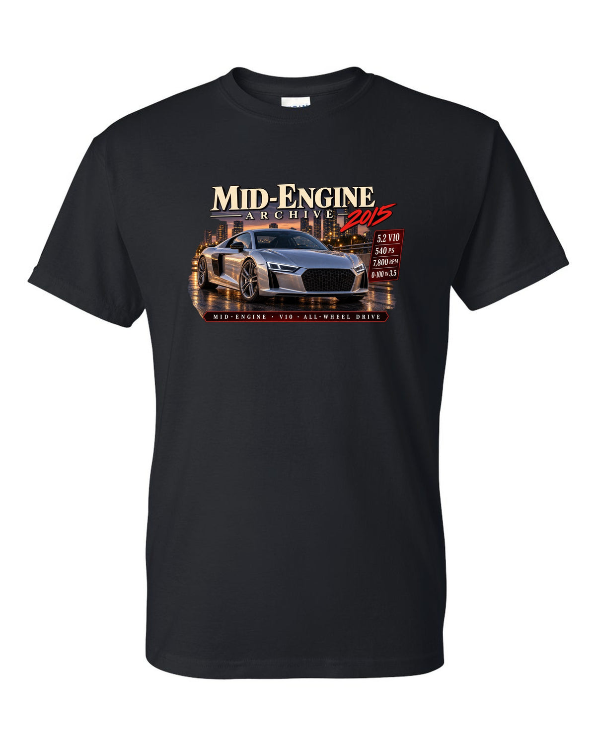 Audi R8 Type 4S V10 front three-quarter in archive panel with 540 PS text black t-shirt front view with the design