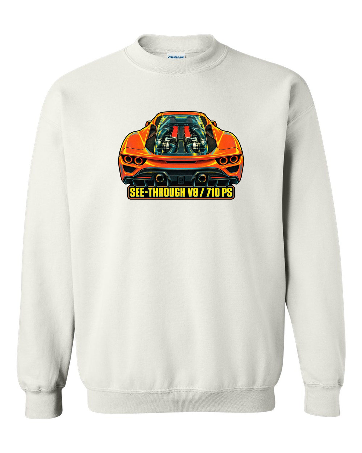 Risograph style print of the Ferrari F8 Tributo transparent engine cover and V8 white crewneck front view with the design