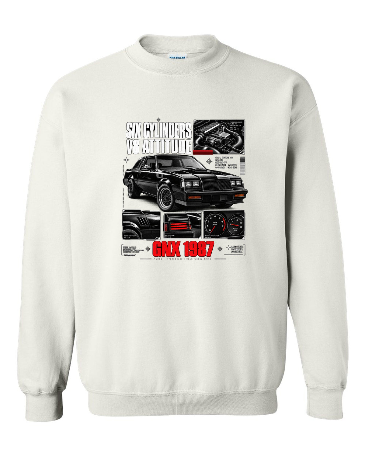 print dossier panels of a 1987 Buick GNX with six cylinders V8 attitude lettering white crewneck front view with the design