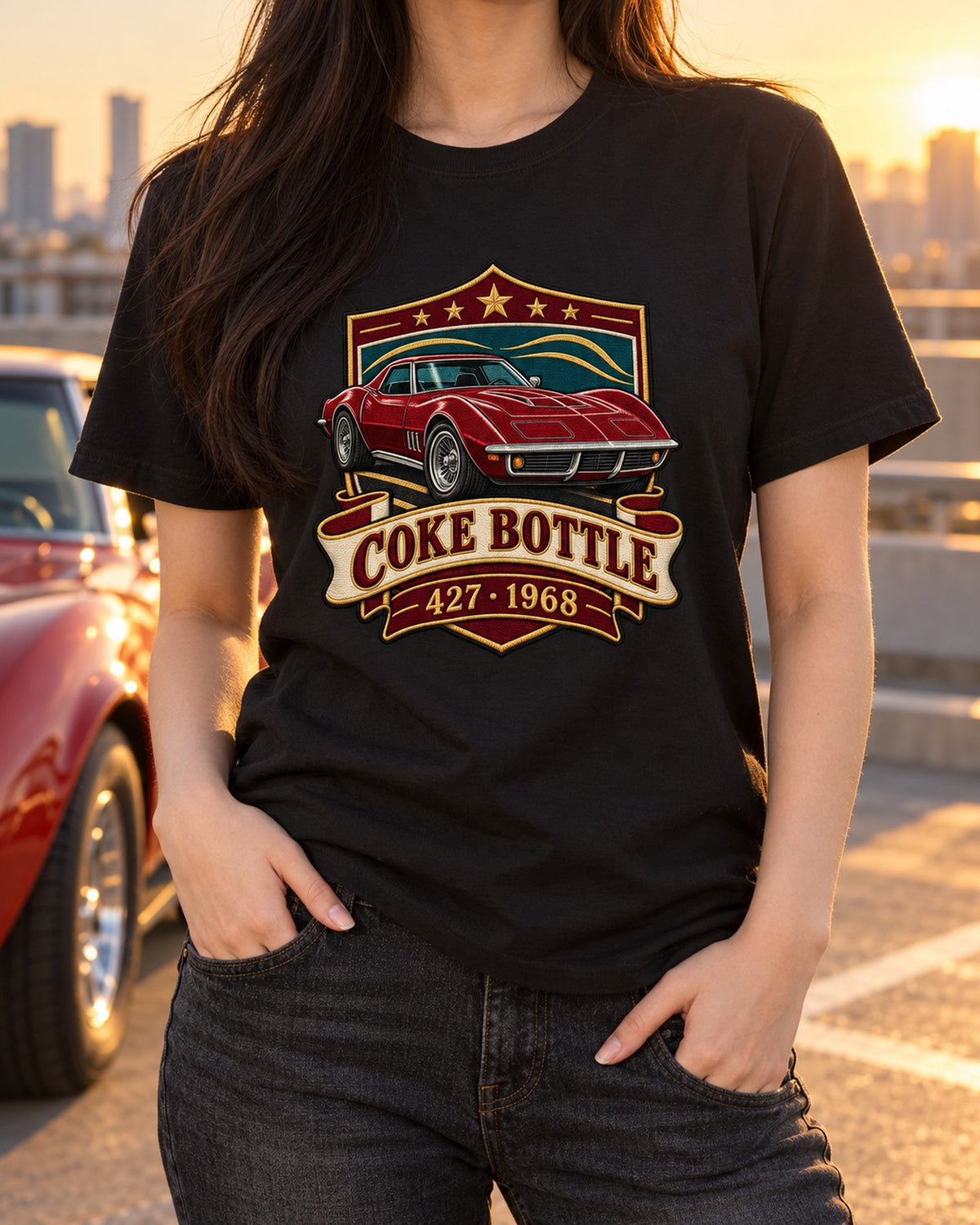 1968 Corvette C3 Stingray Coke Bottle Crest Shirt, 427 Tee T-Shirt Black worn hero