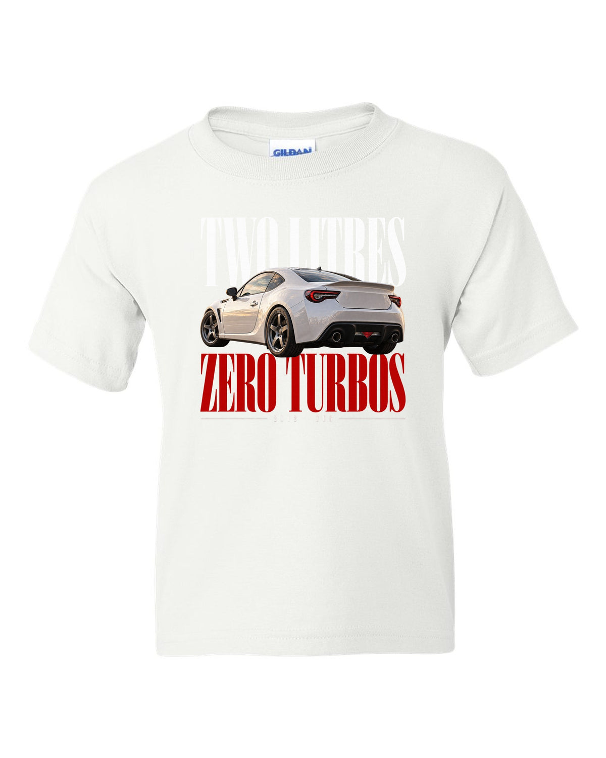 Editorial headline print for the Subaru BRZ ZC6 reading Two Litres, Zero Turbos, ZC6, 2012 white kids tee front view with the design