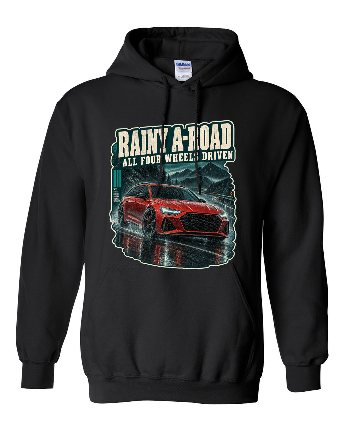 Rainy night road scene with an Audi RS6 Avant C8, all-wheel-drive caption black pull over hoodie front view with the design