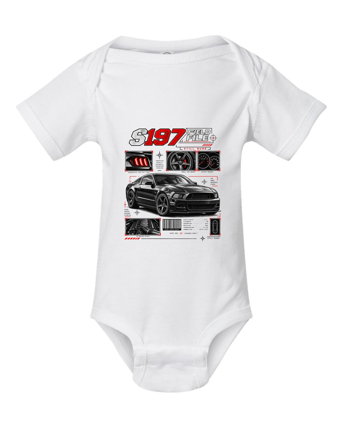 Four-panel dossier print of a Ford Mustang S197 GT fastback white baby onesie front view with the design