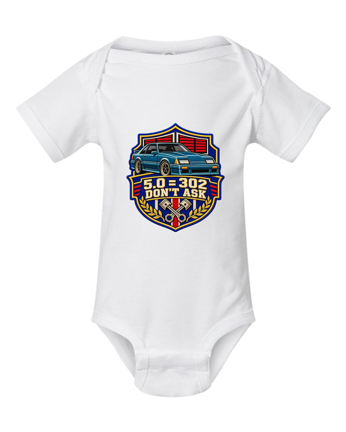 Embroidery-style varsity drag crest print for a Ford Mustang Fox Body chback white baby onesie front view with the design