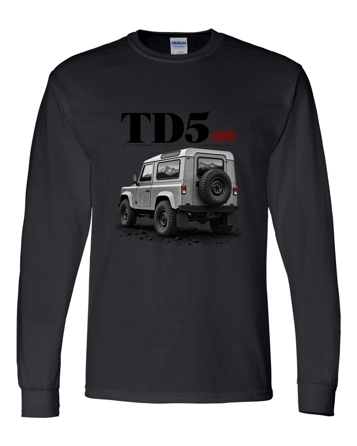 Land Rover Defender 90 editorial headline print about the 1998 Td5 engine black long sleeve front view with the design