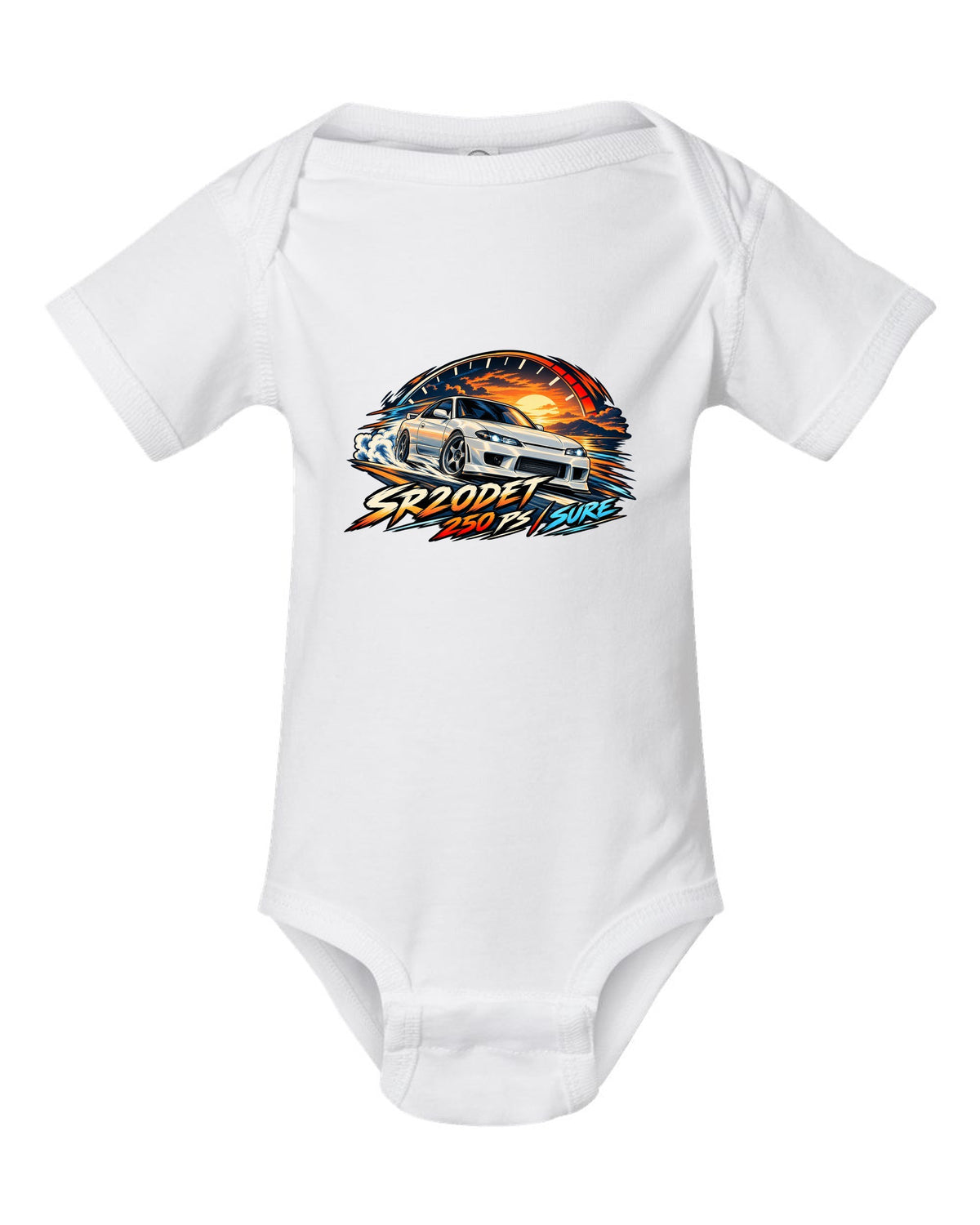 Cel-shaded anime print of a Nissan Silvia S15 with redline arc and SR20DET 250 PS text white baby onesie front view with the design