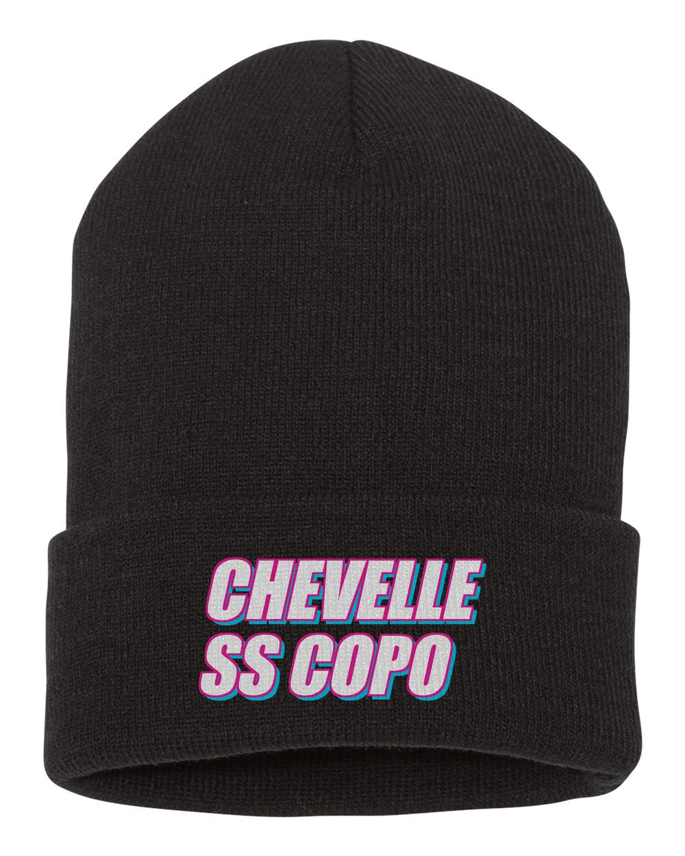 Chevelle Ss Copo black beanie front view with car name
