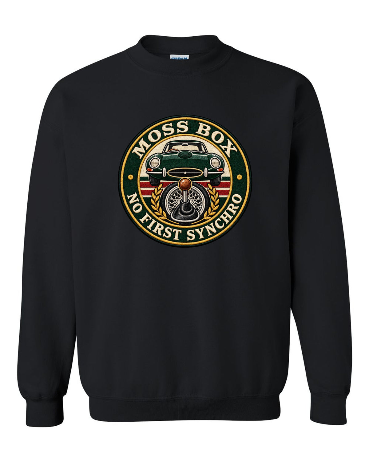 Varsity embroidery-style print for the 1961 Jaguar E-Type Series 1 with Moss box lettering black crewneck front view with the design