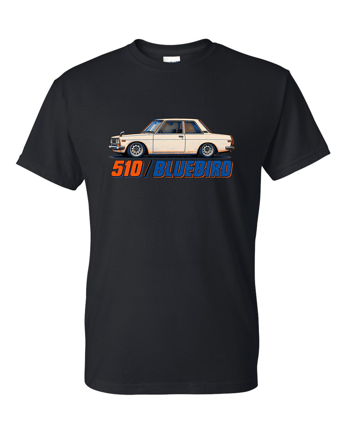 Risograph box print of the Datsun 510 Bluebird with 510 Bluebird lettering black t-shirt front view with the design