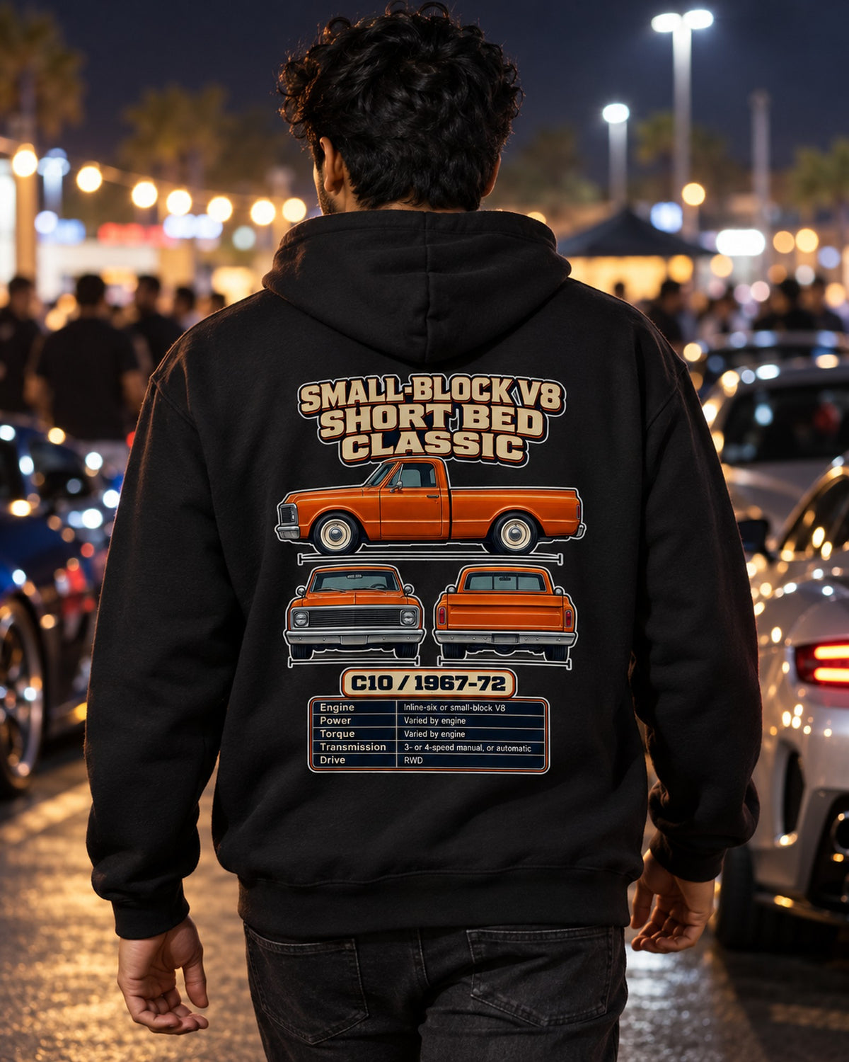 Chevrolet C10 Spec Sheet Full-Back Graphic Tee Pull Over Hoodie Black worn hero
