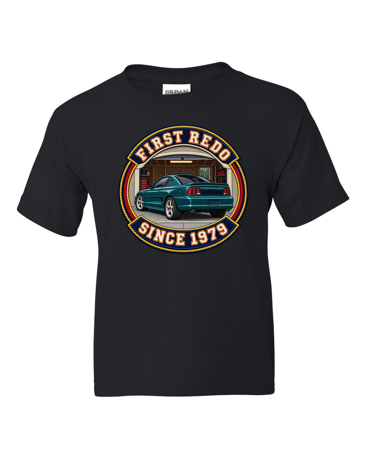 Embroidery-style varsity crest print for a 1994-98 Ford Mustang SN95 black kids tee front view with the design
