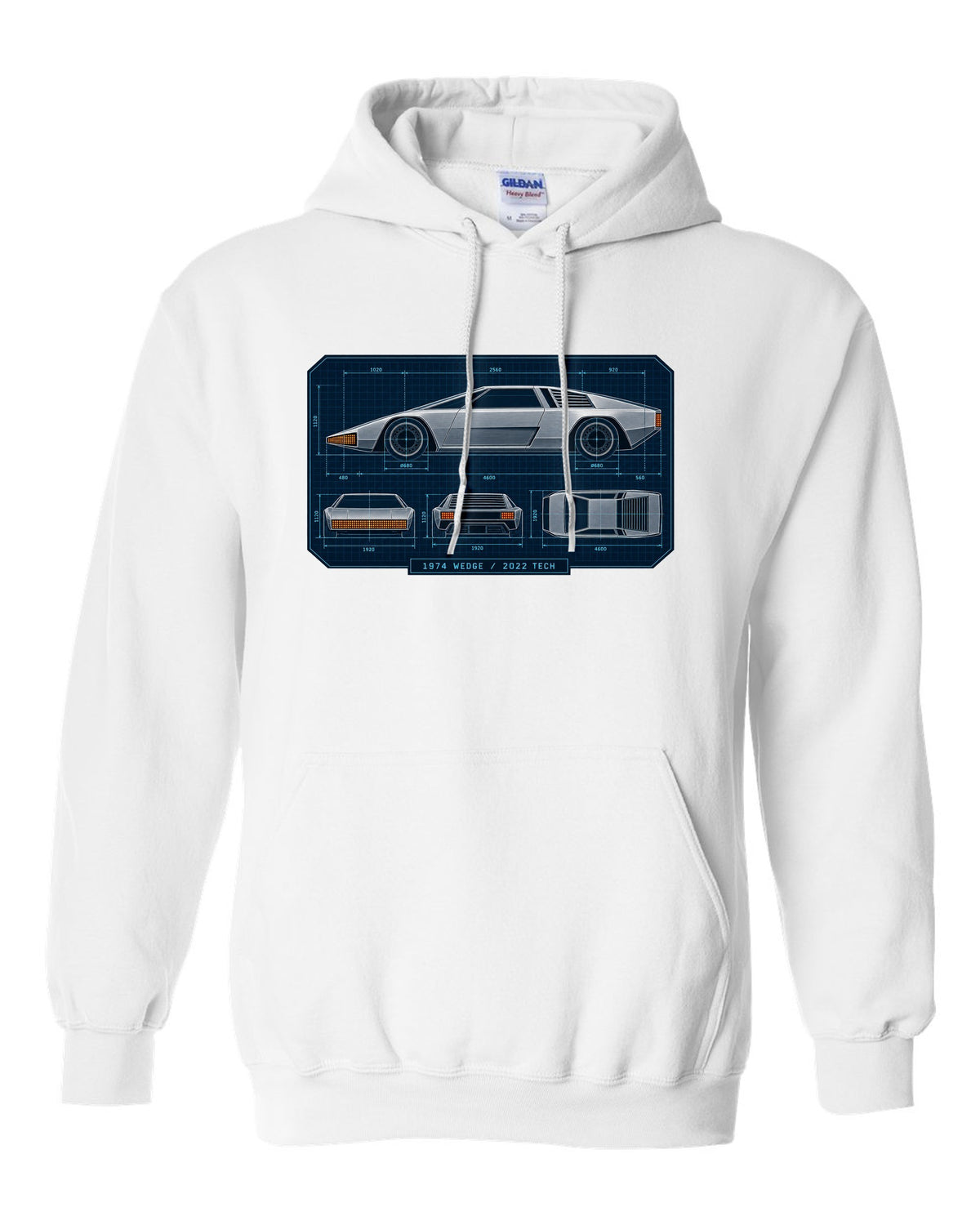 Technical orthographic blueprint print of the Hyundai N Vision 74 concept with 1974 wedge 2022 tech text white pull over hoodie front view with the design