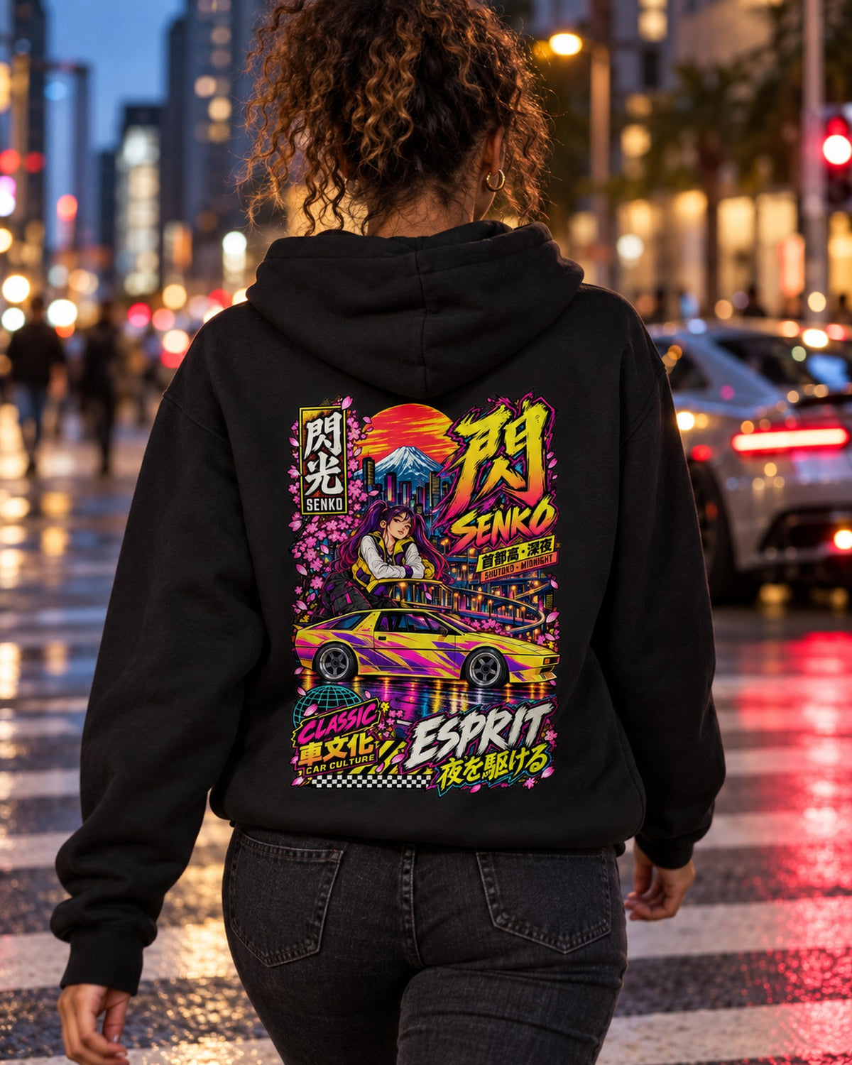 SENKO ESPRIT Anime Girl Full-Back Graphic Tee Pull Over Hoodie Black worn hero