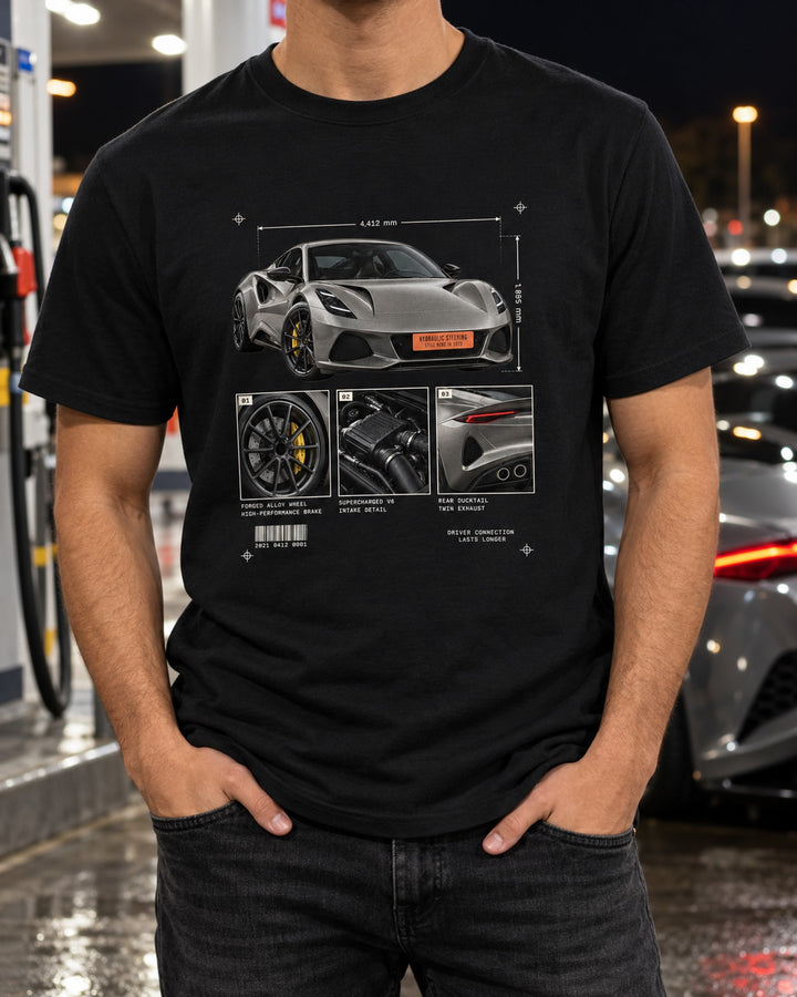 Lotus Emira V6 2021 Dossier Panels Tee, Hydraulic Steering T-Shirt Black worn hero