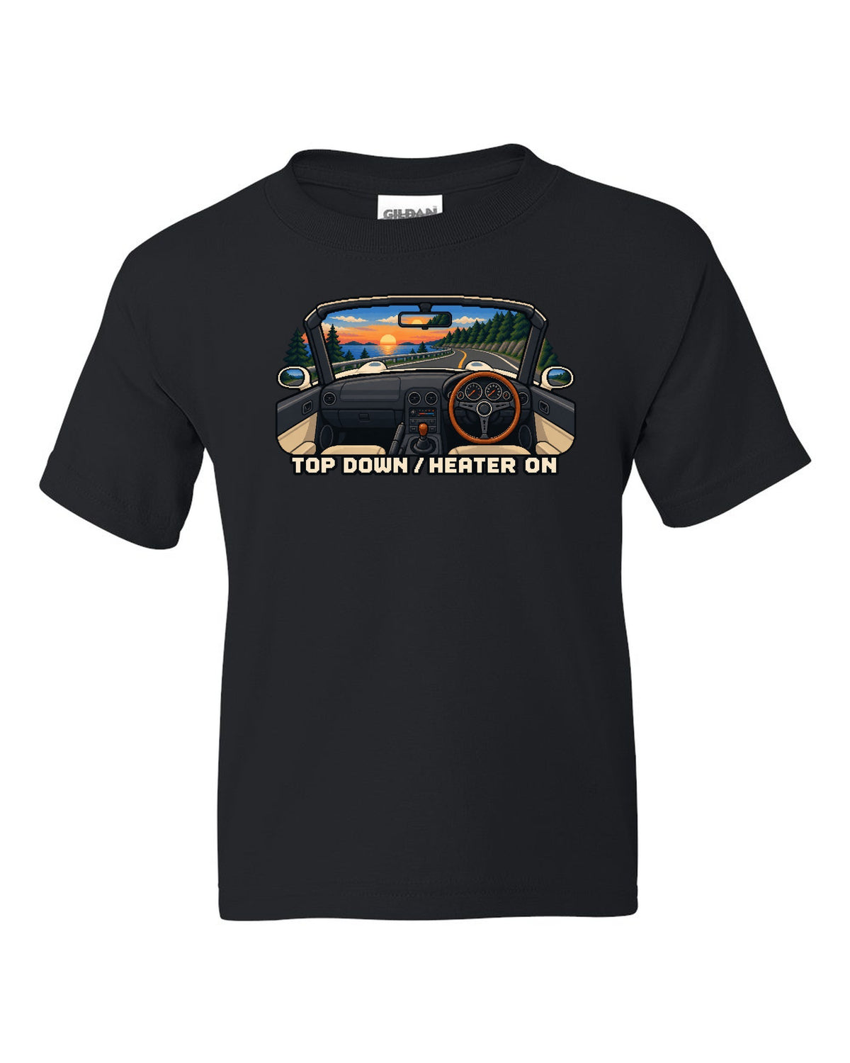Cel-shaded 90s anime night scene of a Mazda RX-7 FD3S under sodium lights black kids tee front view with the design