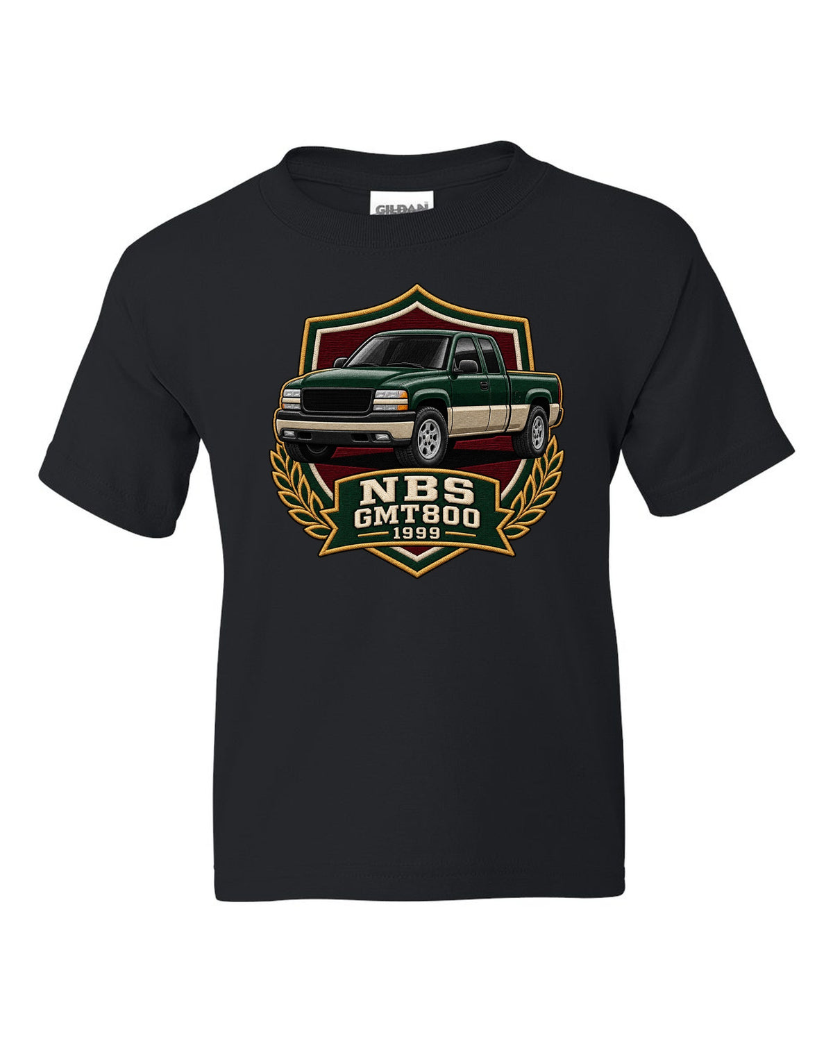 Varsity shield crest print for a 1999-2006 Chevrolet Silverado NBS GMT800 with NBS GMT800 1999 text black kids tee front view with the design