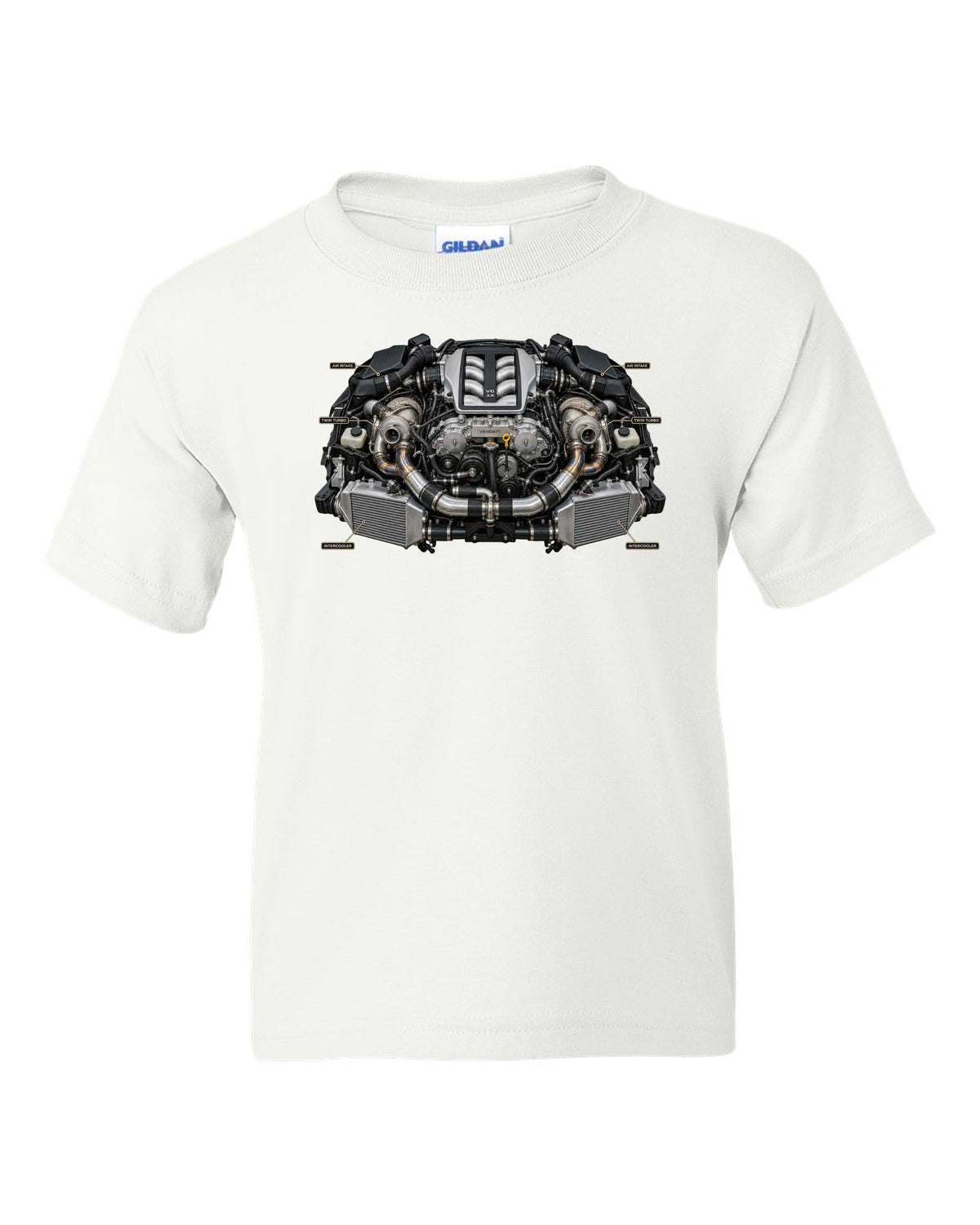 Nissan GT-R R35 Nismo three-view spec table print in graphite grey and red white kids tee front view with the design