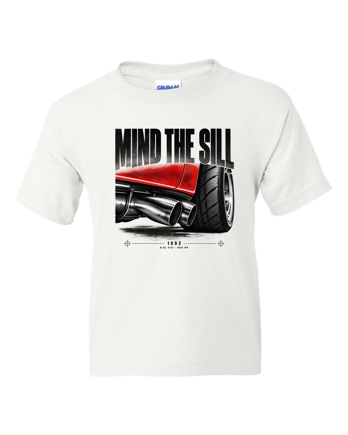 1992 Dodge Viper RT/10 SR I taillight macro print with Mind the Sill lettering white kids tee front view with the design