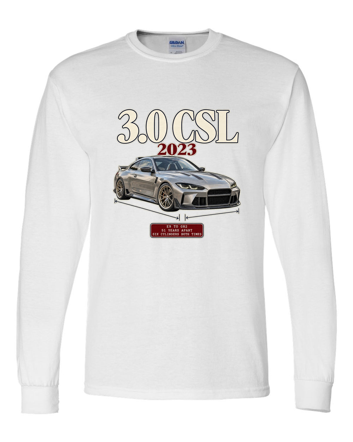 BMW 3.0 CSL E9 to G82 archive panel print white long sleeve front view with the design