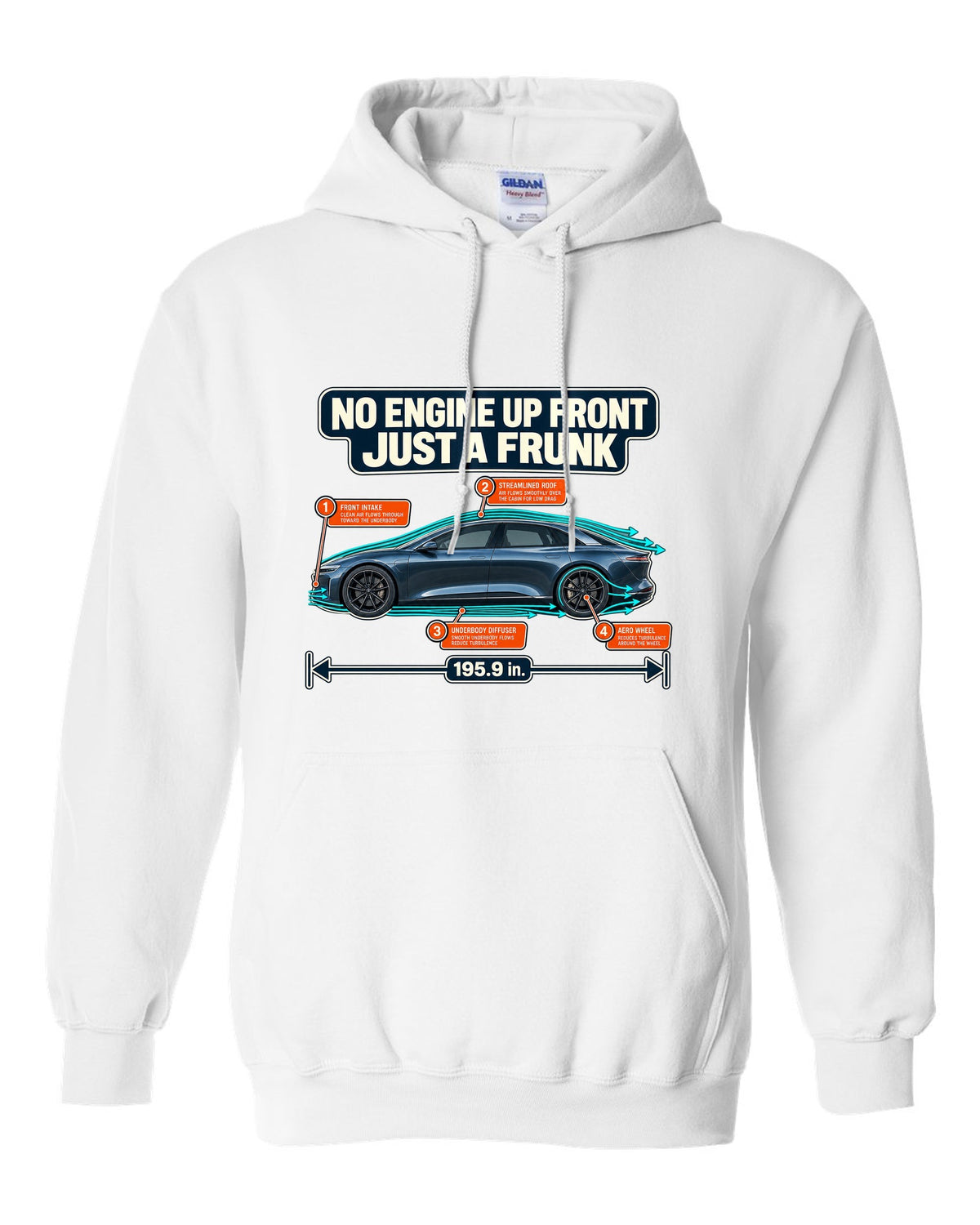 Aero cutaway callout print of a Lucid Air Sapphire showing the front trunk white pull over hoodie front view with the design