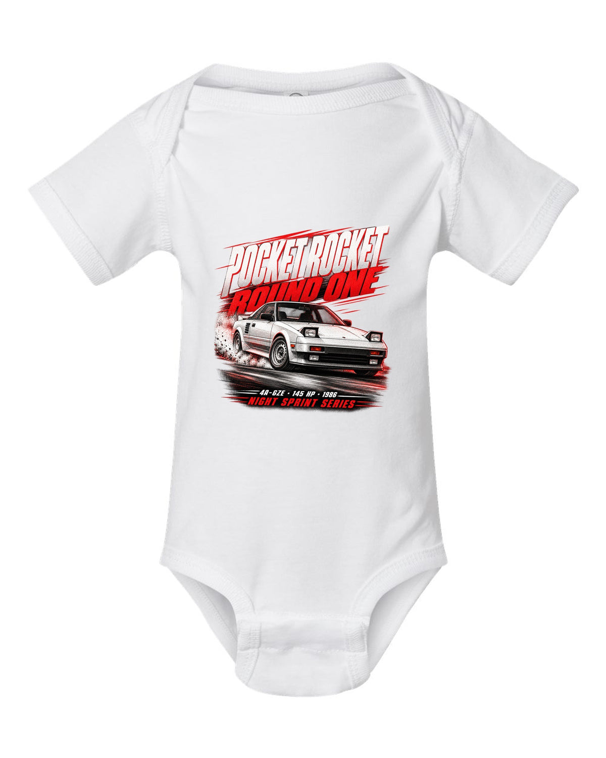 Race poster print of a supercharged Toyota MR2 AW11 with the text Pocket Rocket Round One 4A-GZE white baby onesie front view with the design