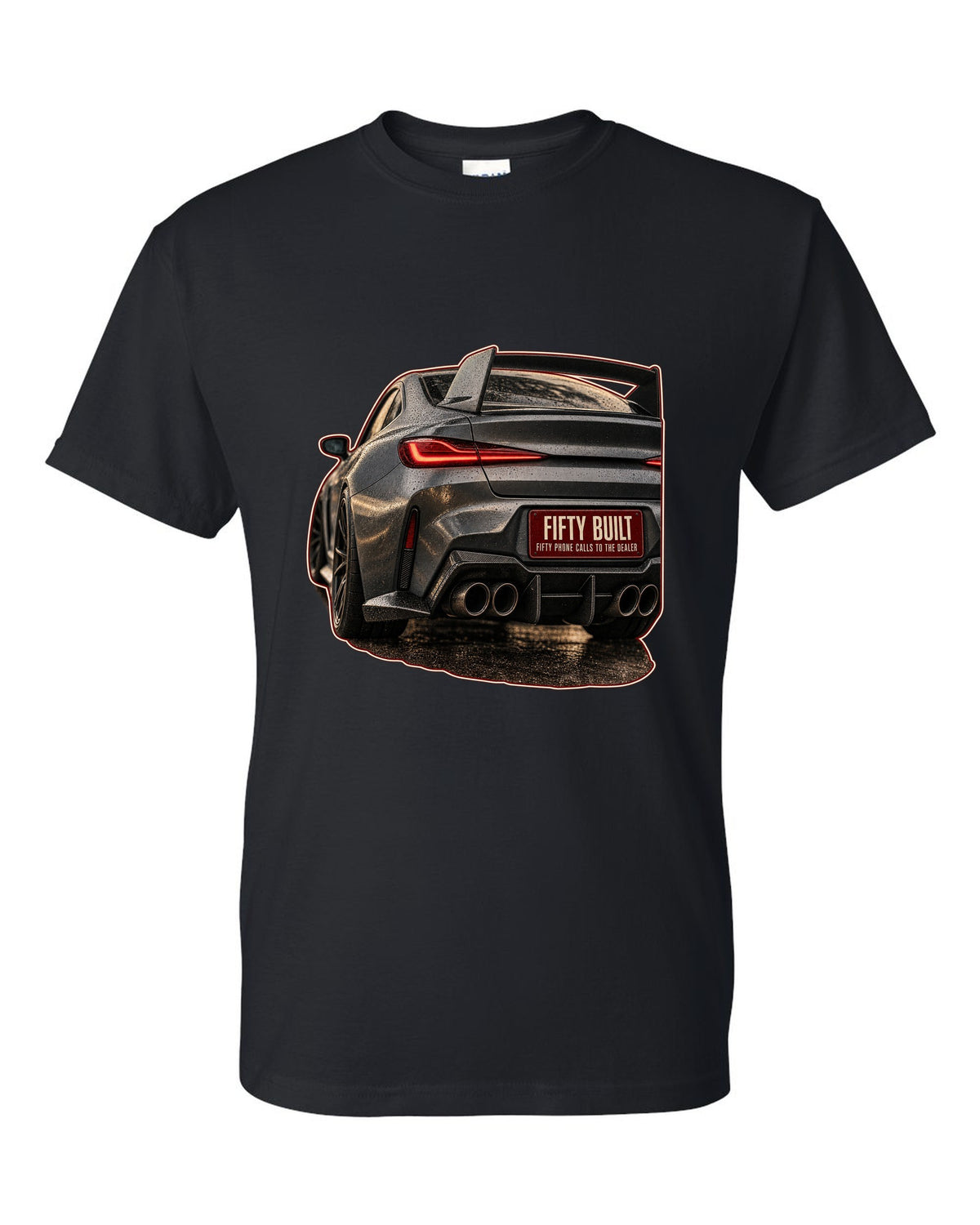 BMW 3.0 CSL 2023 rear light macro print black t-shirt front view with the design